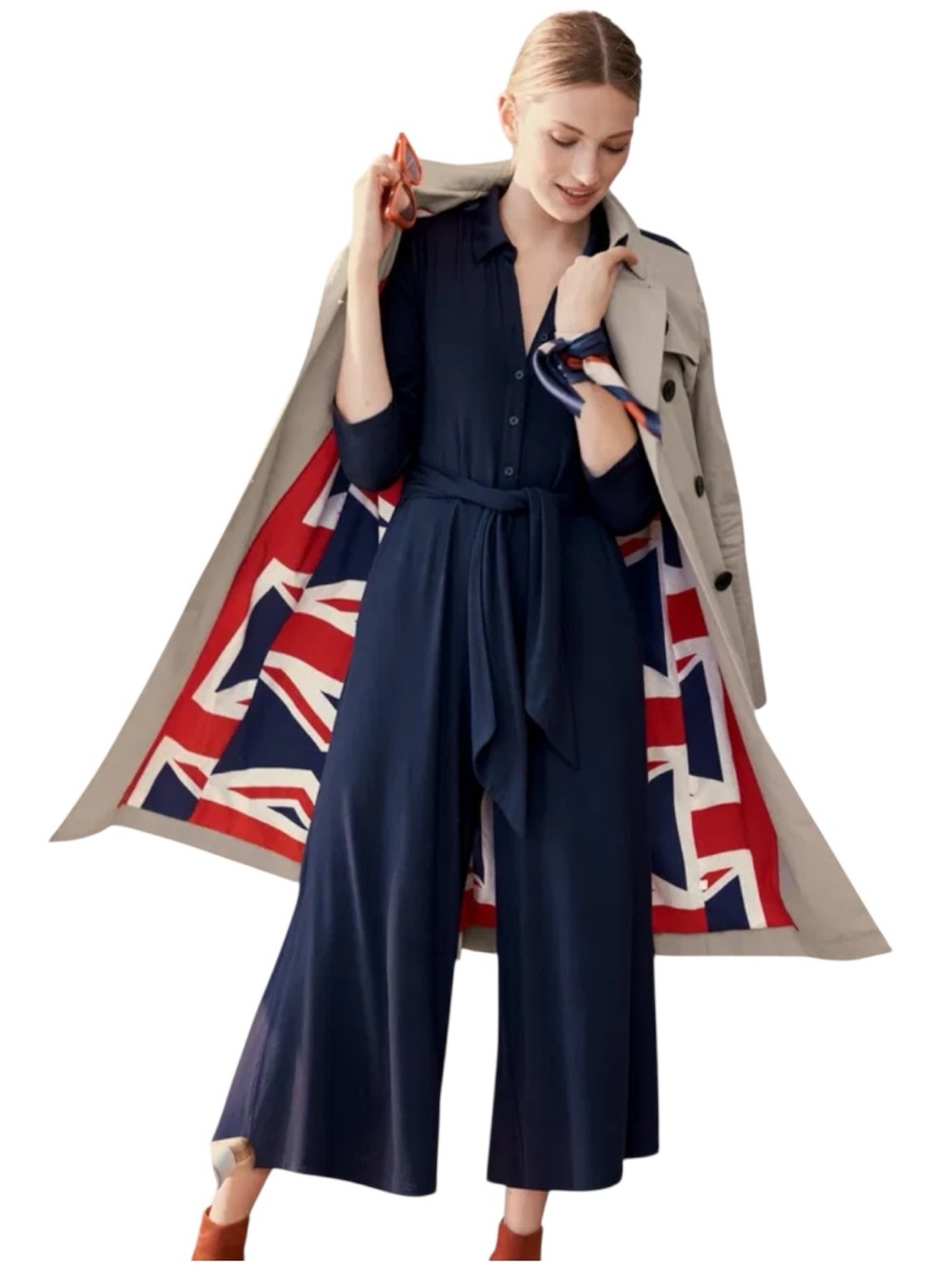 Boden Beatrice Navy Button-Front Tie-Waist Jumpsuit US Size 13